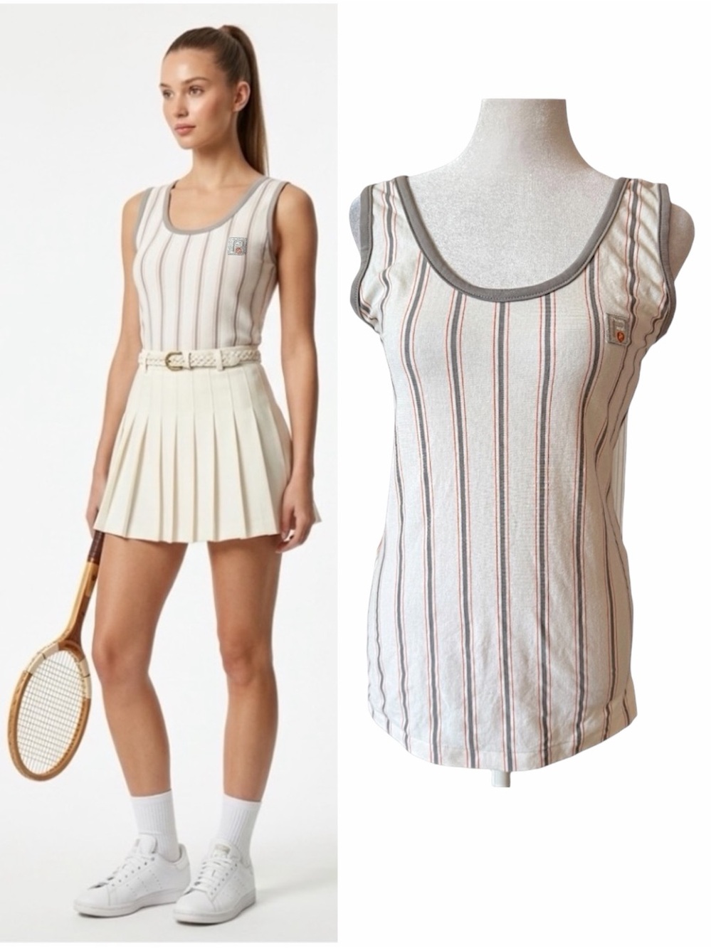 Vintage 80s Professional Players Pinstripe Tennis Tank Top NWT Cream Small Small